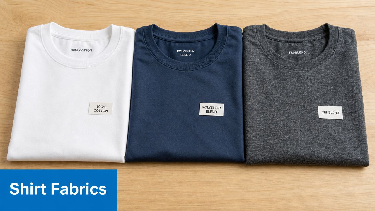 Three folded t-shirts in white, navy blue, and charcoal grey are displayed on a light wooden table surface.