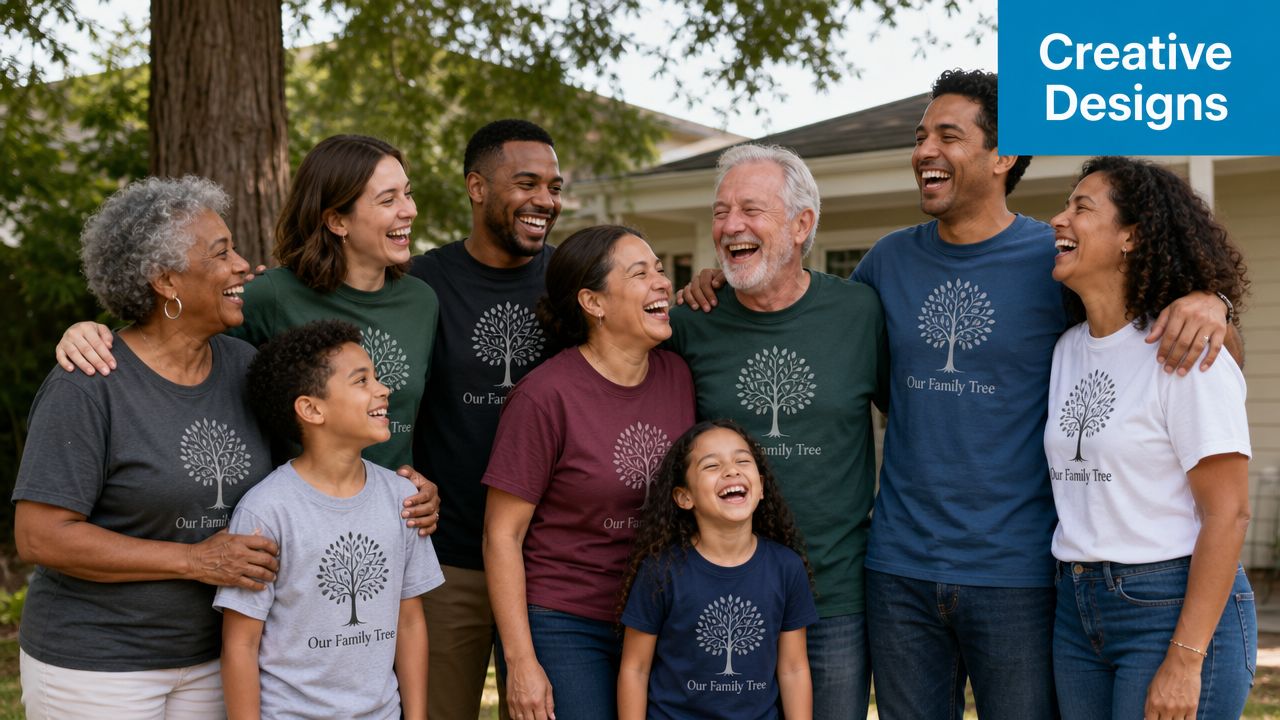 A diverse multi-generational family laughing together outdoors while wearing matching custom family tree t-shirts.