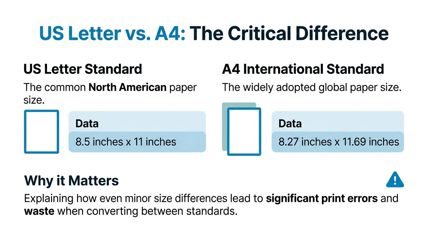 A comparison chart showing the differences in dimensions between US Letter and A4 international paper sizes.