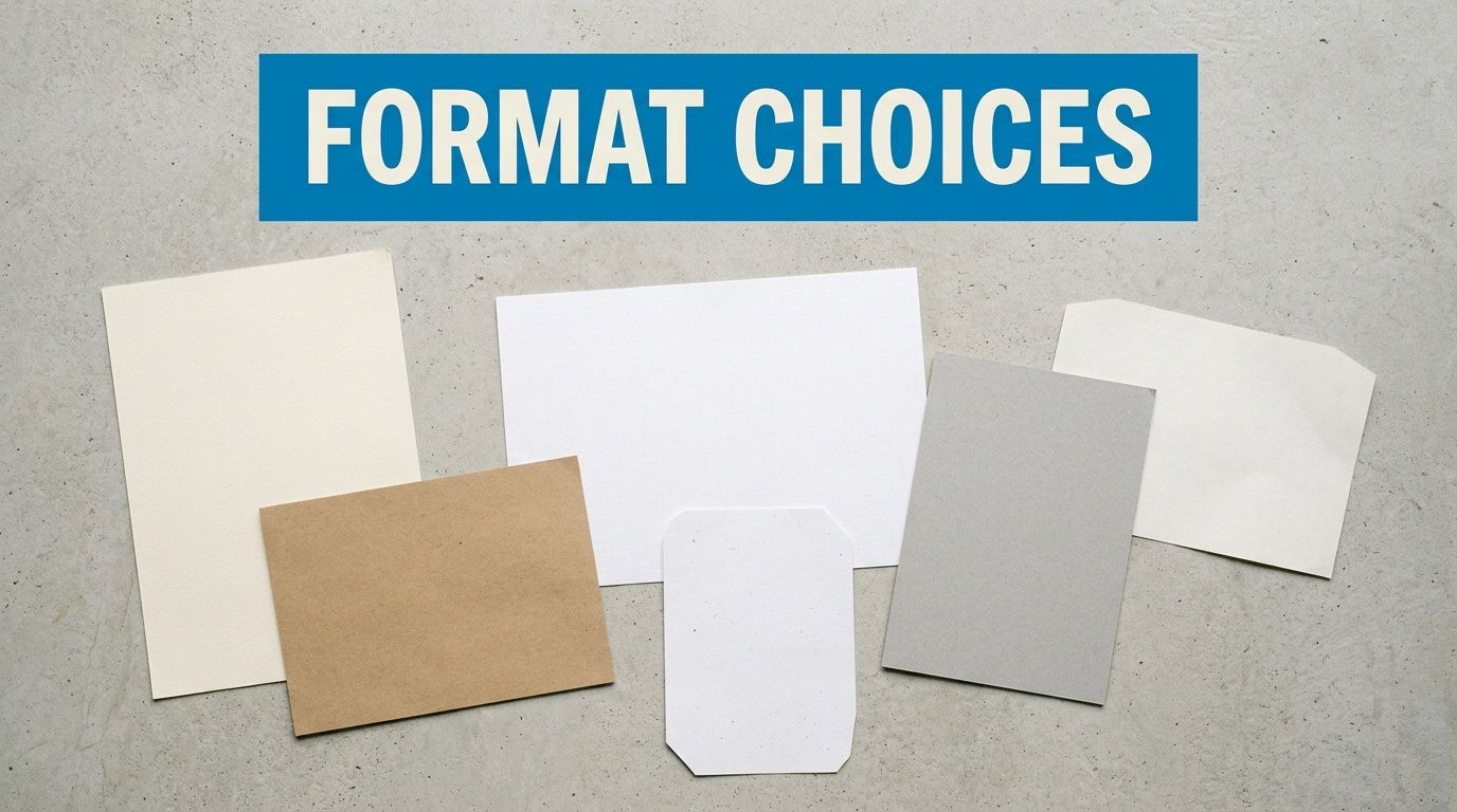 A collection of various blank paper sheets and cards displayed on a textured grey background.