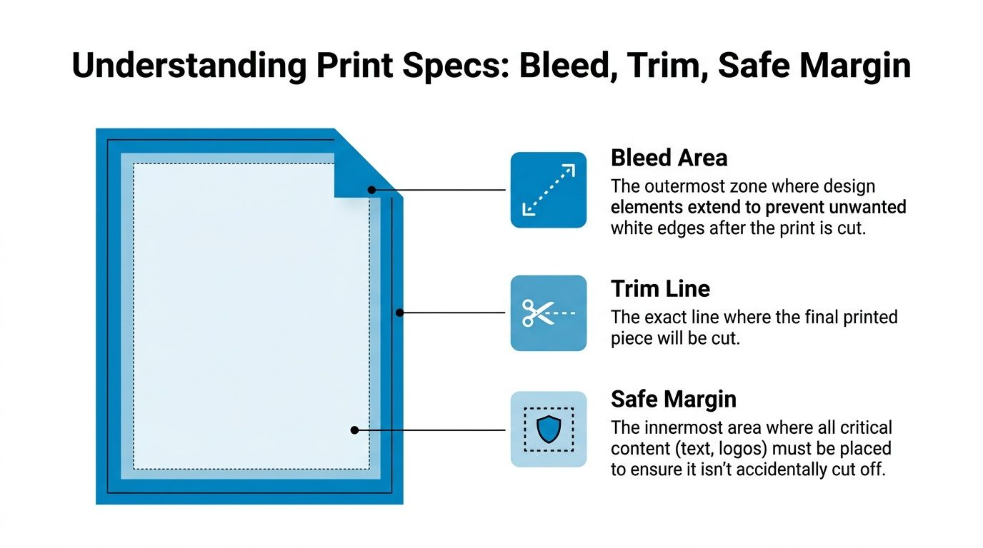 A diagram illustrating print specifications including bleed area, trim line, and safe margin for graphic design projects.