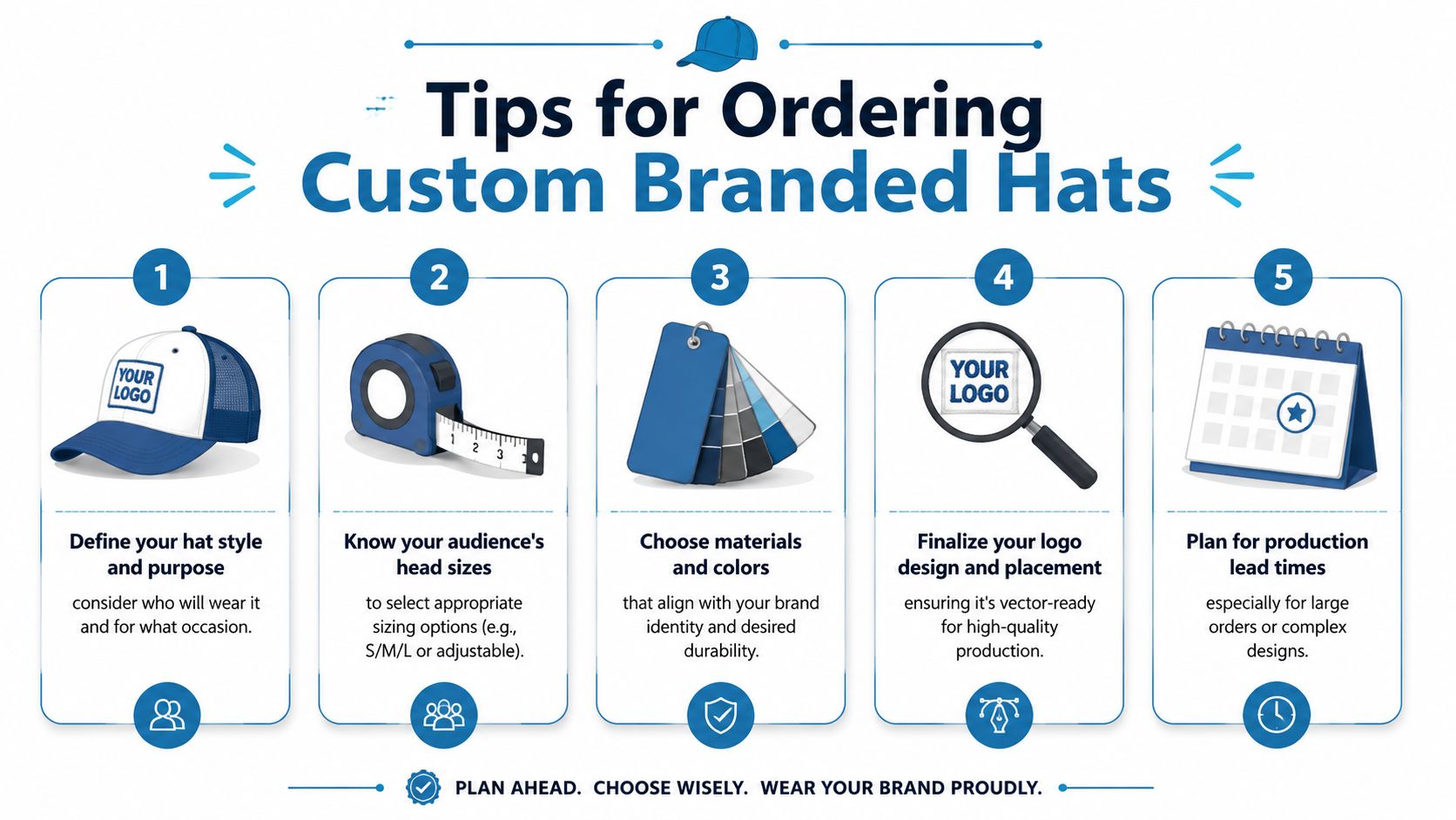 An infographic titled Tips for Ordering Custom Branded Hats featuring five numbered steps for creating custom merchandise.