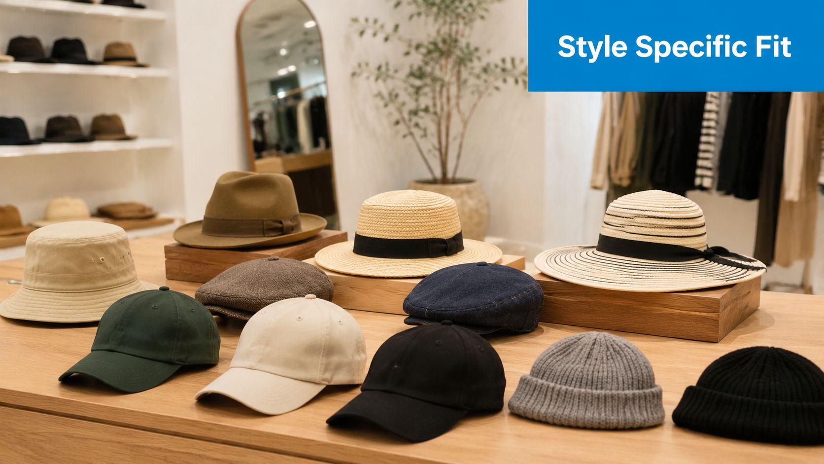 A curated collection of various hat styles arranged on a wooden table in a retail store.