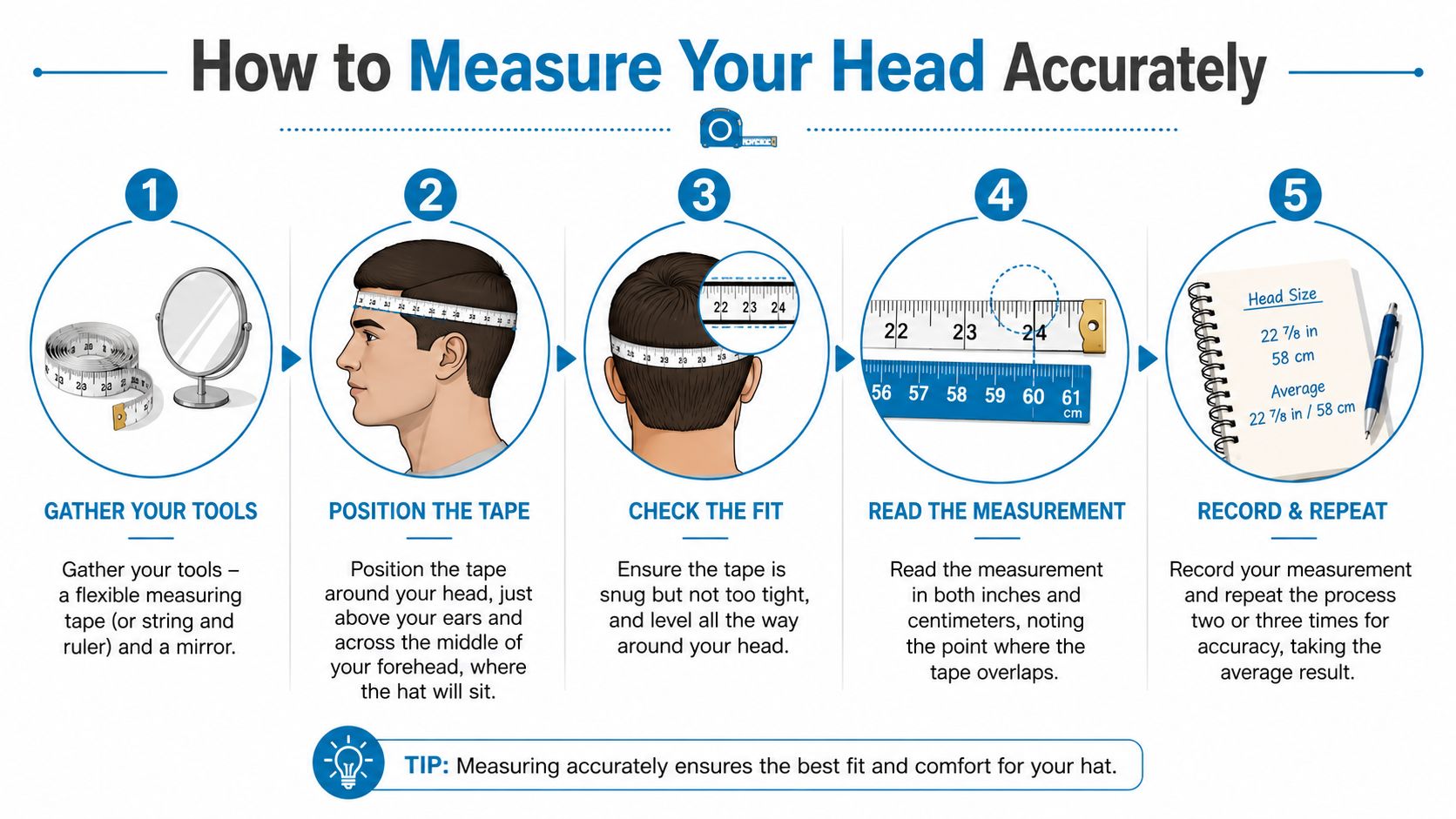 A step-by-step infographic showing how to accurately measure your head for a well-fitting hat.
