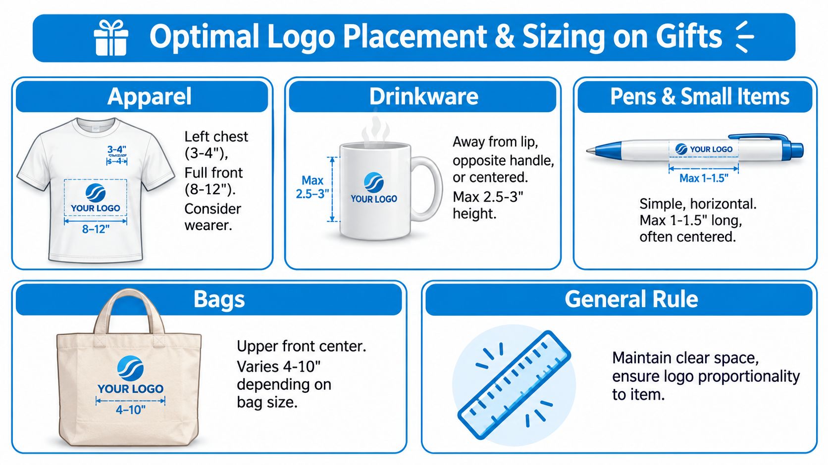 A visual guide illustrating the optimal placement and size for logos on various promotional gift items.