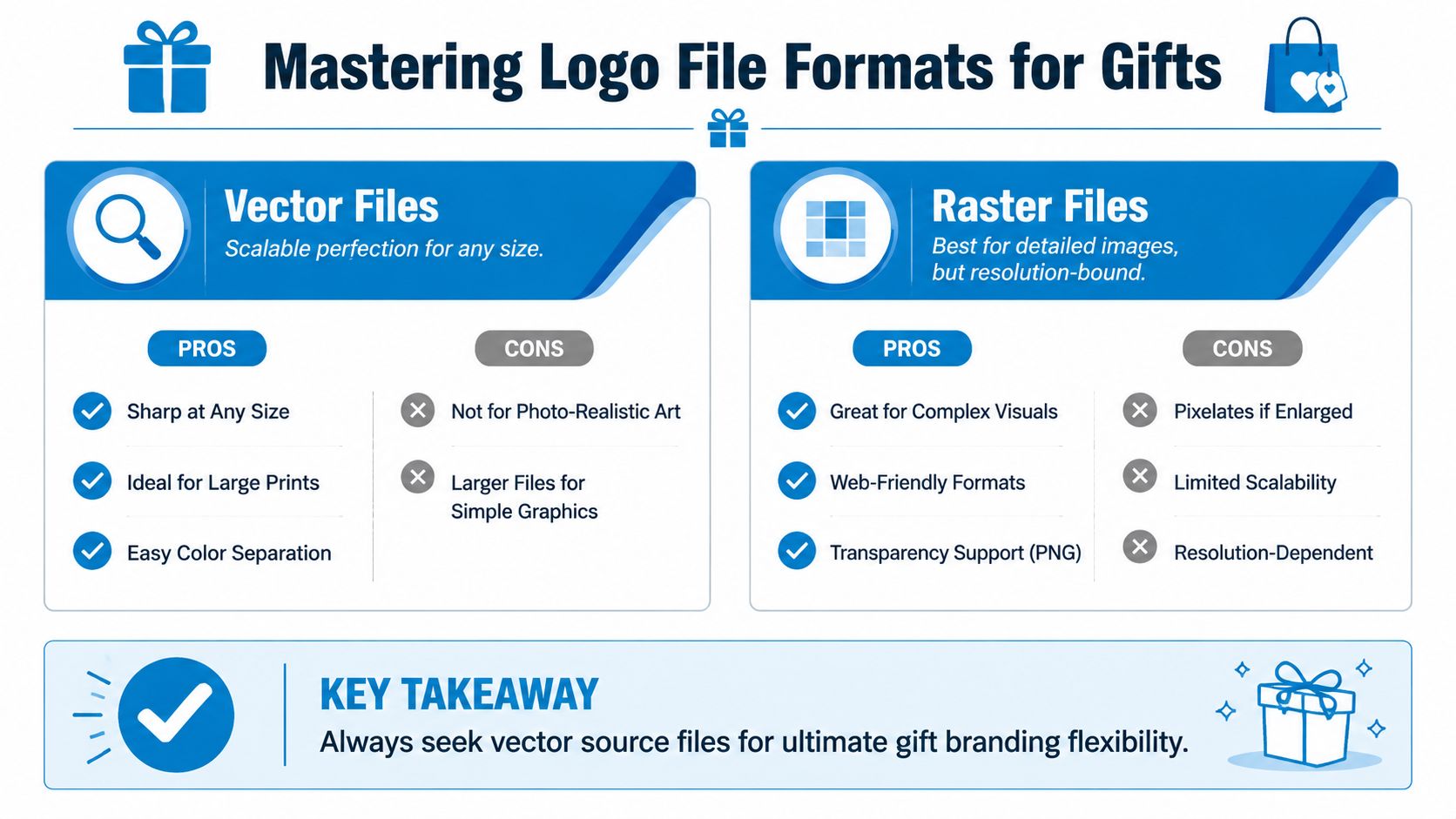 An infographic explaining the differences between vector and raster file formats for gift branding purposes.