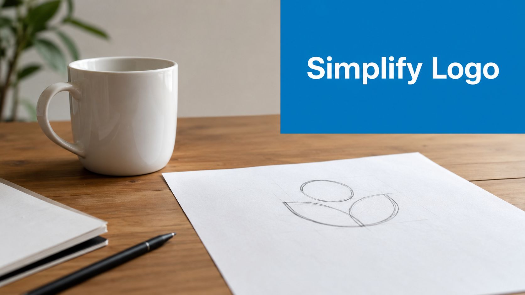 A pencil sketch of a minimalist logo design on white paper sitting next to a coffee mug.