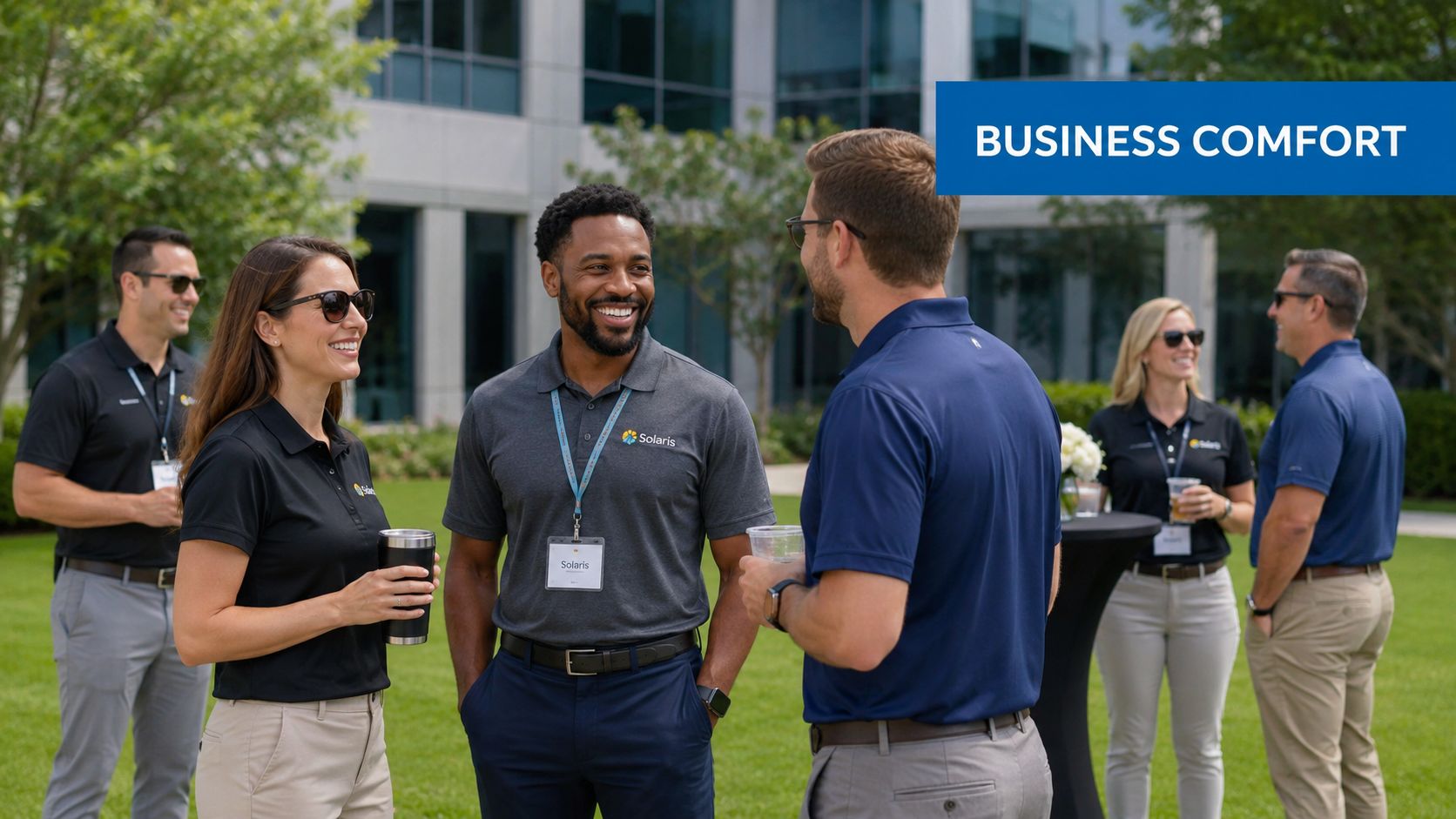 A group of professionals in moisture-wicking polo shirts socializing outdoors at a corporate business event.