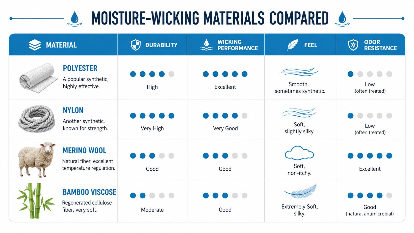 A comparison chart highlighting the durability, wicking performance, feel, and odor resistance of four different fabrics.