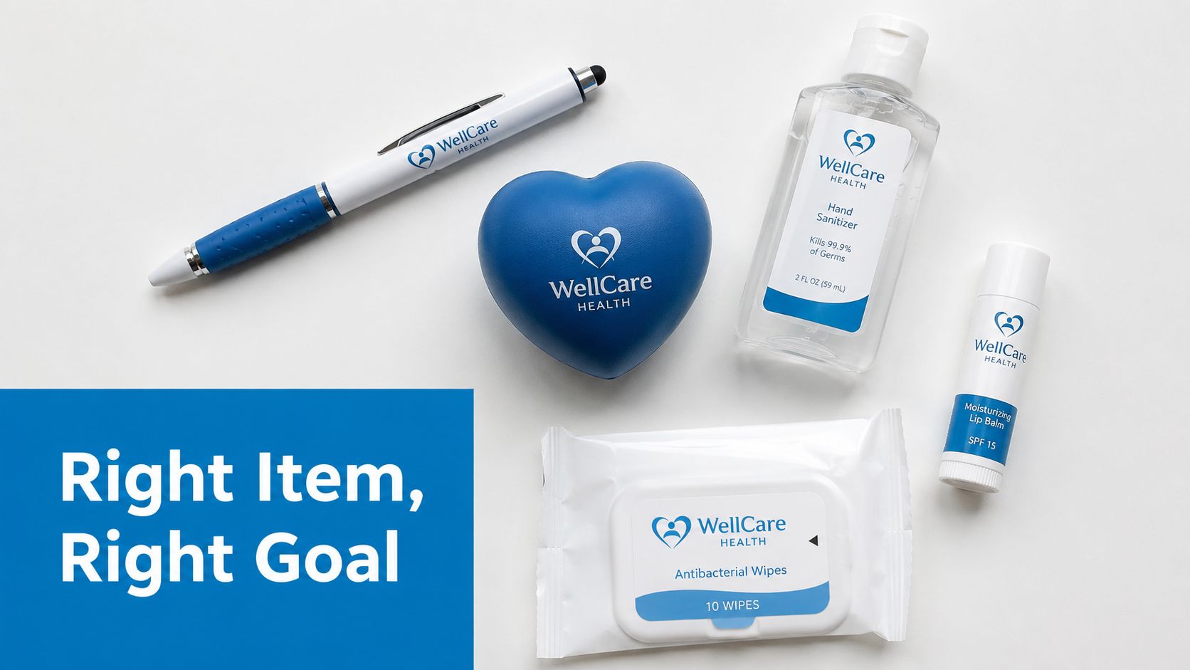 A collection of branded healthcare promotional items including a pen, sanitizer, lip balm, wipes, and heart stress toy.