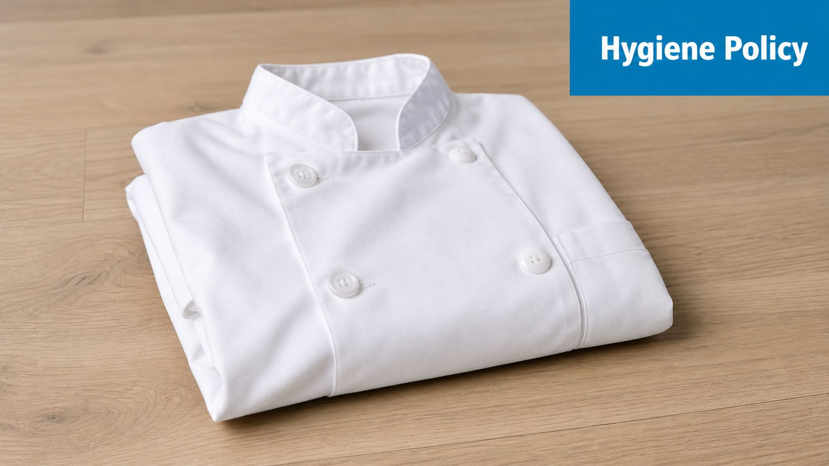 A clean, white chef uniform folded neatly on a light wood floor with a hygiene policy header.