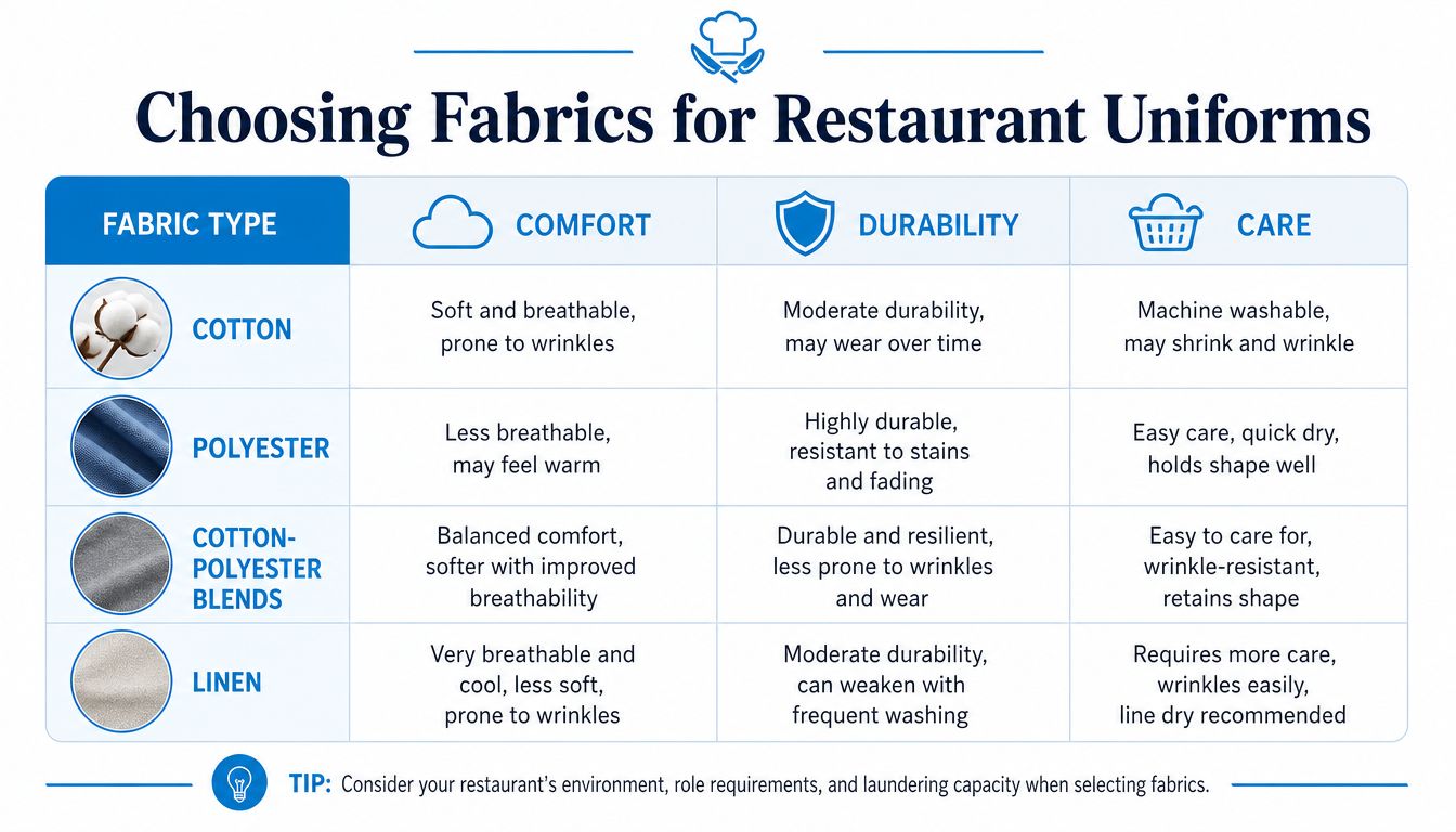 A comparison chart outlining the comfort, durability, and care requirements for different restaurant uniform fabrics.