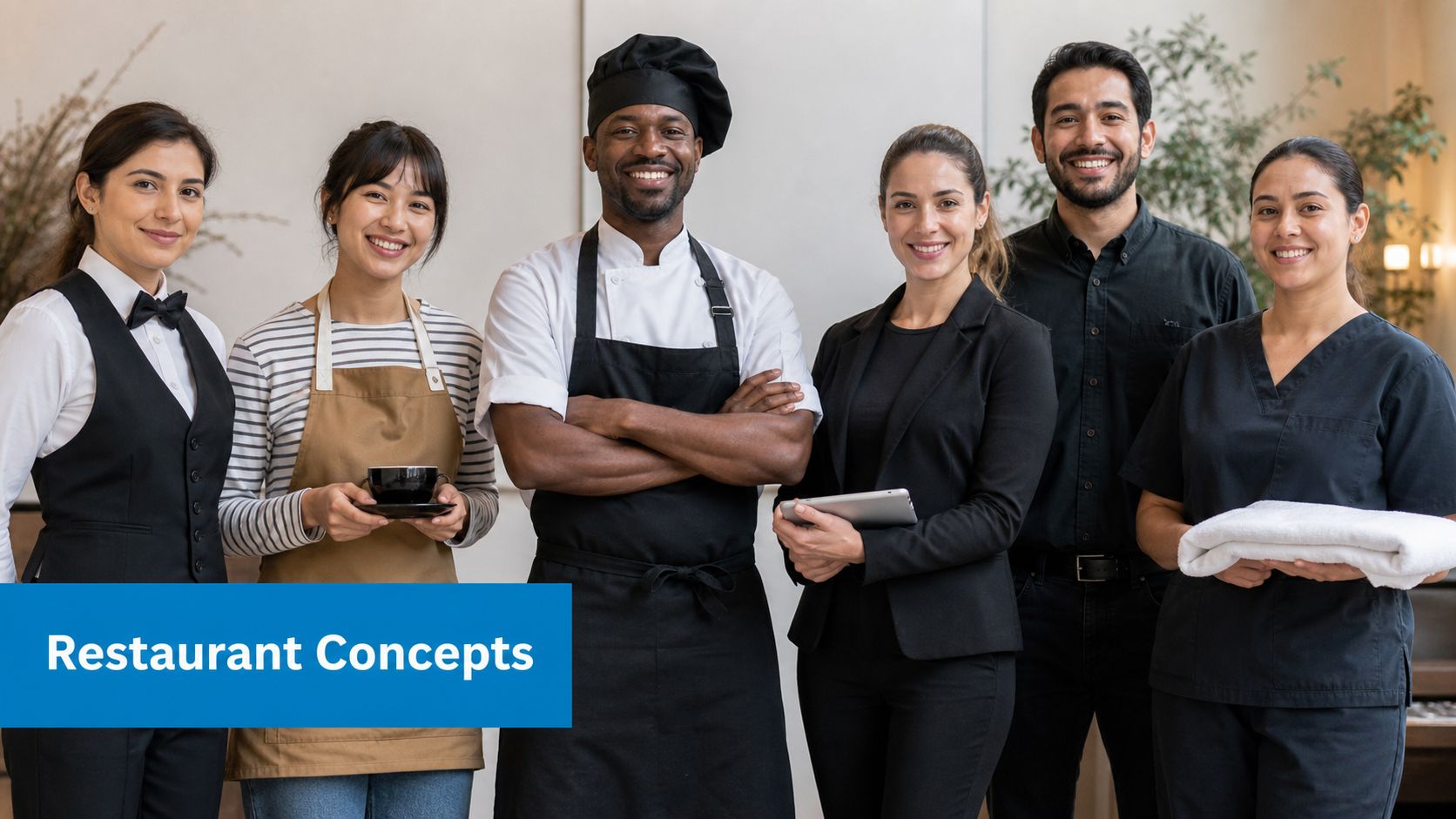A professional team of restaurant staff posing together wearing various uniforms including chef attire and service apparel.