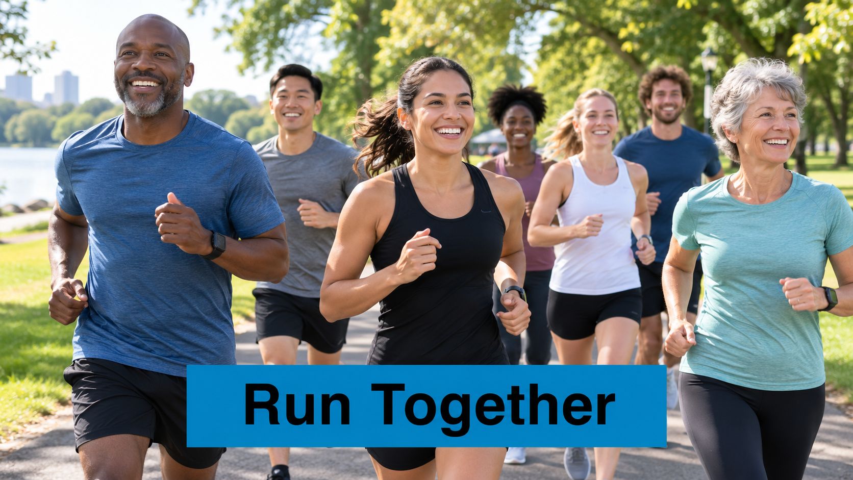 A diverse group of happy friends jogging together on a sunny outdoor path during a community run.