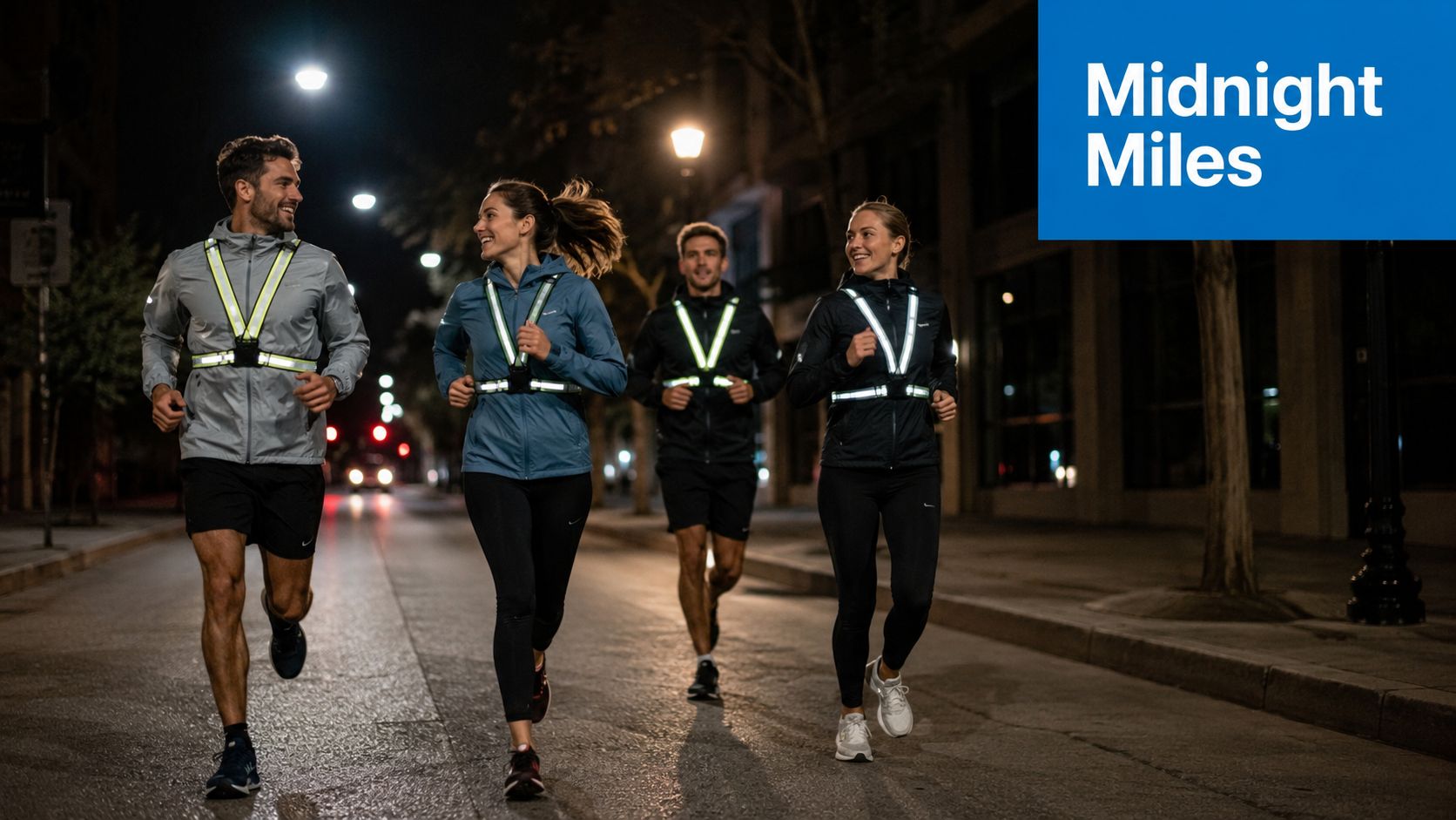 A group of four runners wearing reflective vests jogging together on a city street at night.