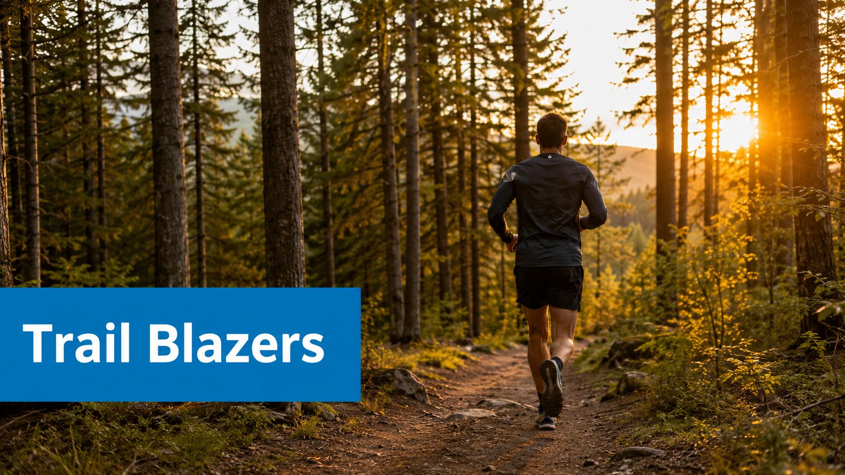 A fit man running on a scenic forest trail during a golden hour sunset session.