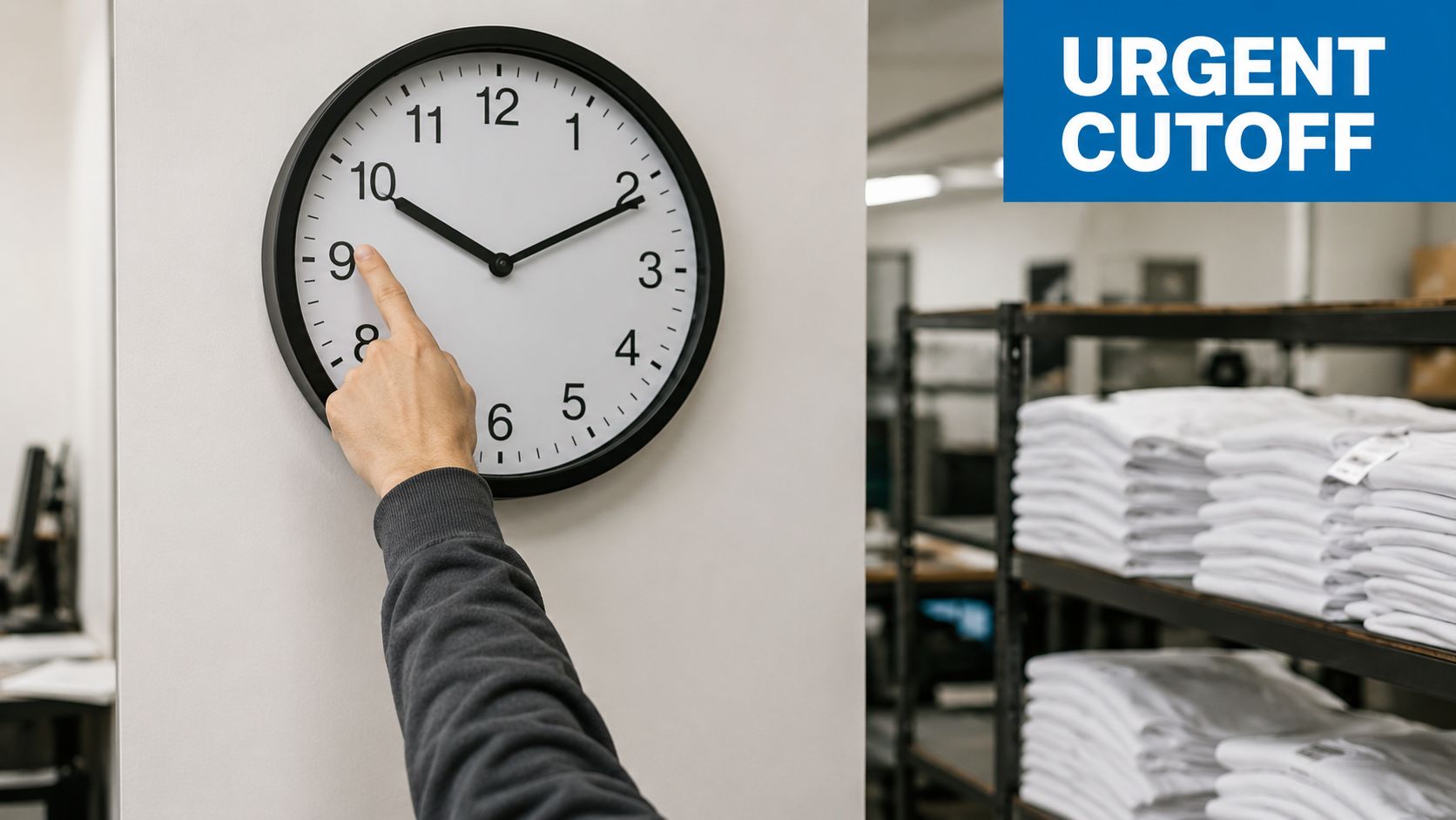 A hand pointing at a wall clock in a warehouse during an urgent cutoff period.