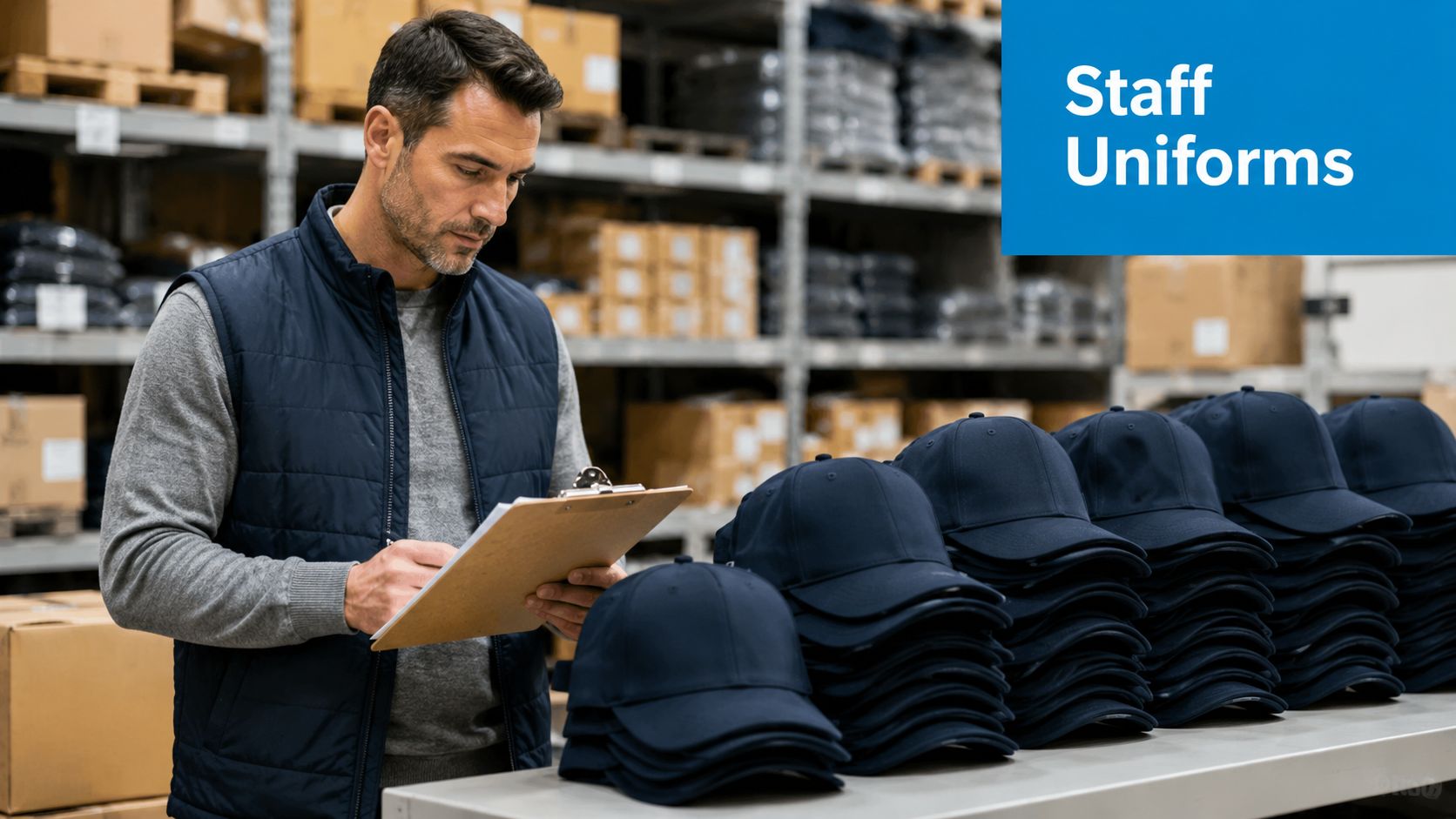 A warehouse employee inspecting a stack of navy blue baseball caps on a table while holding a clipboard.