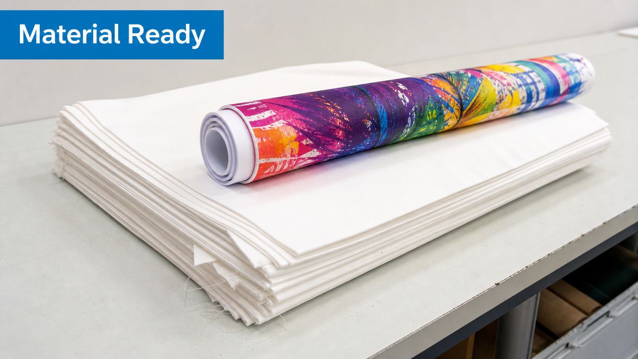 A stack of white fabric sheets with a colorful printed roll resting on top in a workshop.