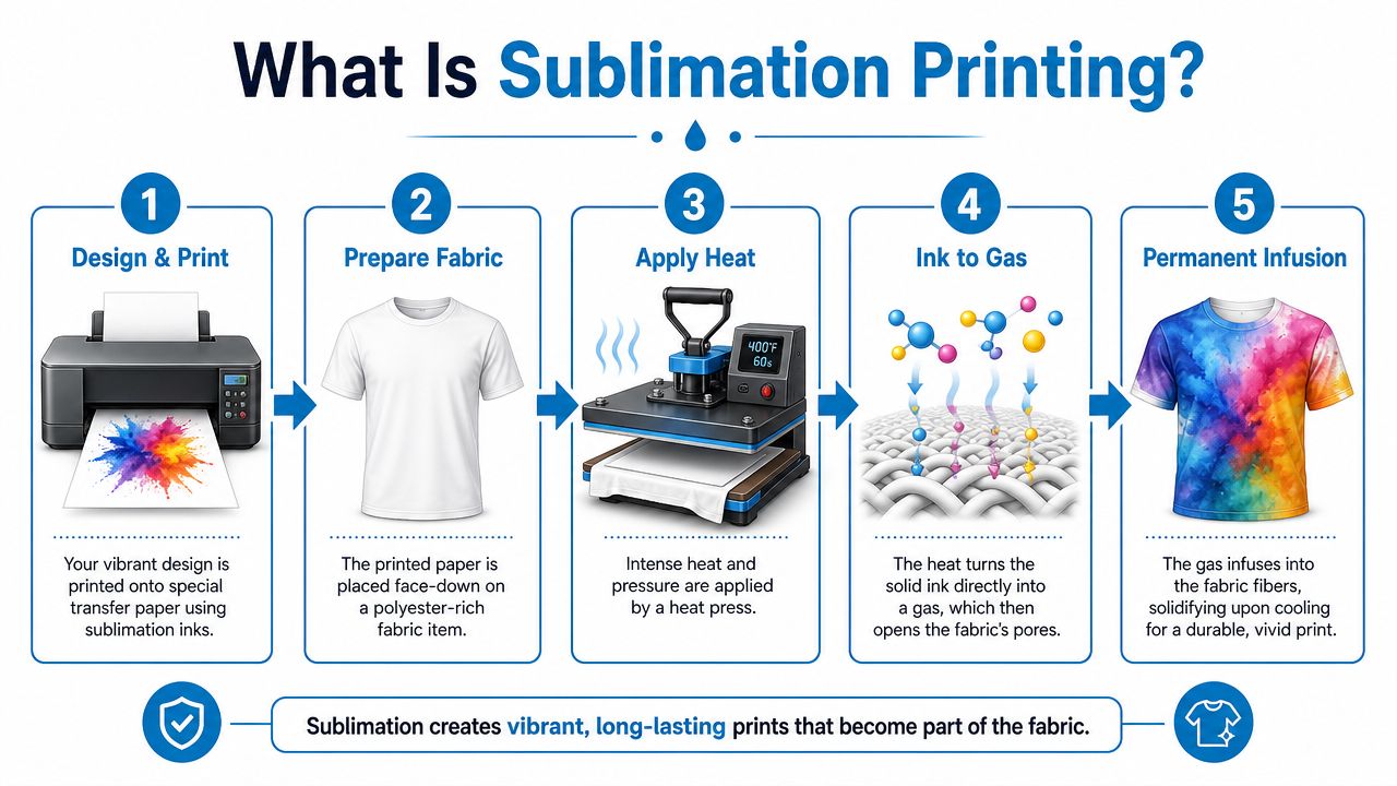 A five-step infographic explaining the sublimation printing process for creating vibrant designs on polyester fabric t-shirts.