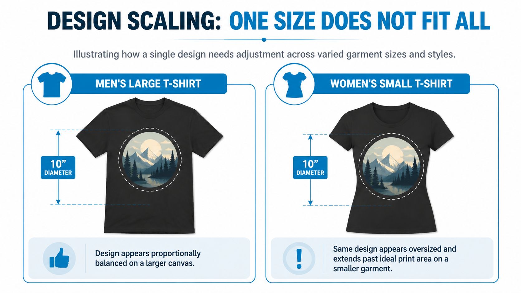 A diagram comparing how a ten-inch circular landscape design looks on a men's large versus women's small t-shirt.