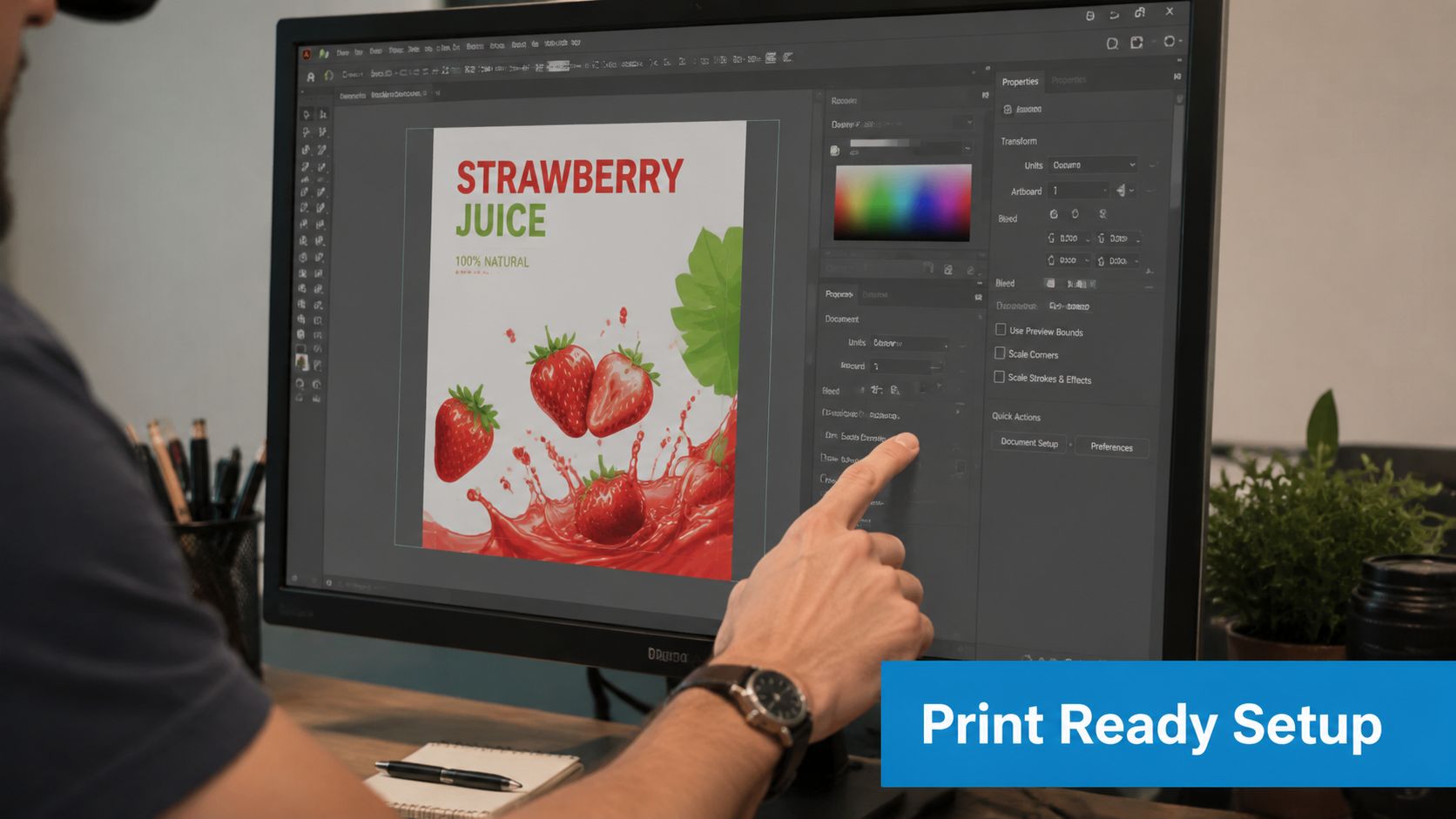 A person using a finger to point at graphic design software on a computer monitor screen.