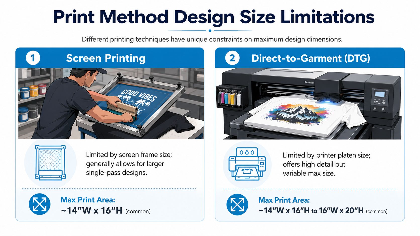 A comparison infographic showing print size limitations for screen printing and direct-to-garment printing methods.