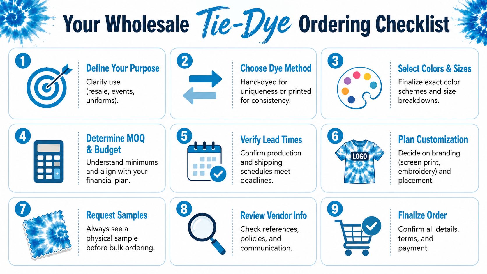 A nine-step infographic checklist for ordering wholesale tie-dye apparel for business or personal events.