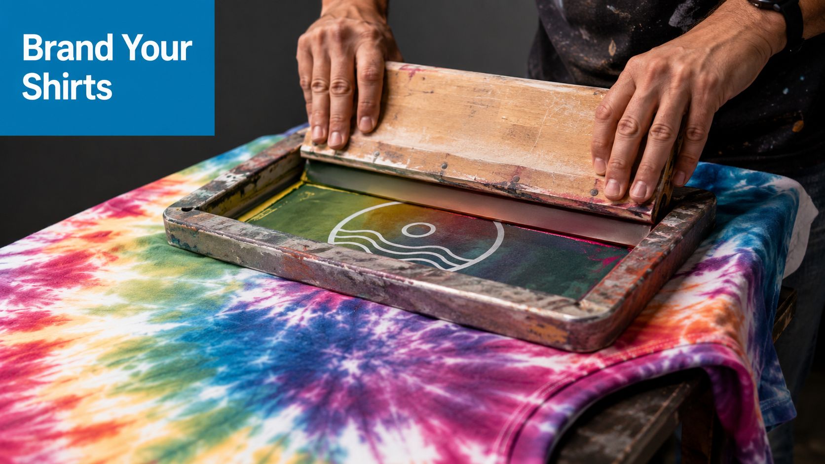 A screen printer uses a wooden squeegee to apply a logo design onto a vibrant tie-dye shirt.