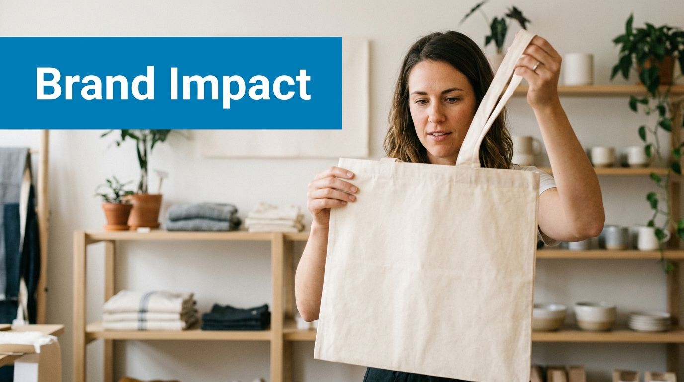 A woman examining a plain canvas tote bag in a retail shop with shelves of goods.