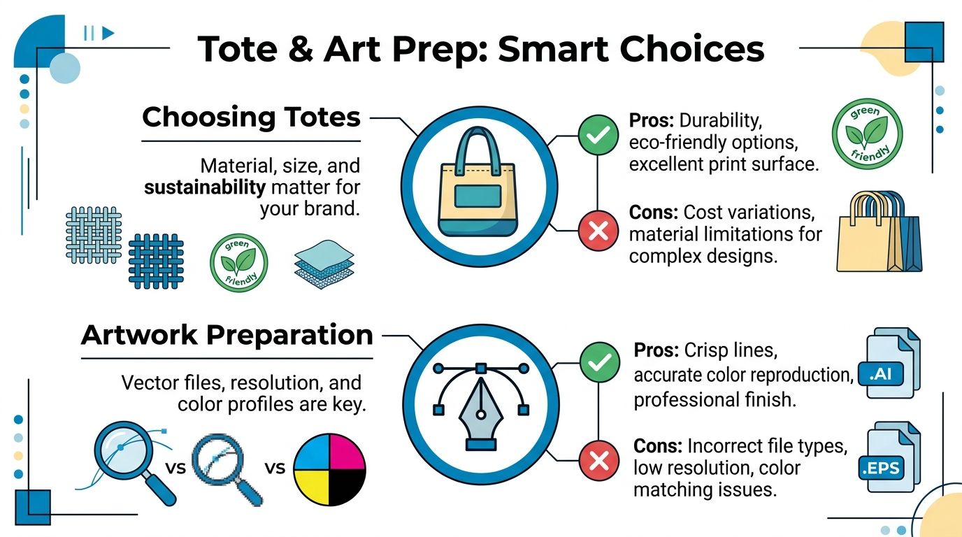 An infographic titled Tote and Art Prep detailing the process of choosing tote bags and preparing vector artwork.