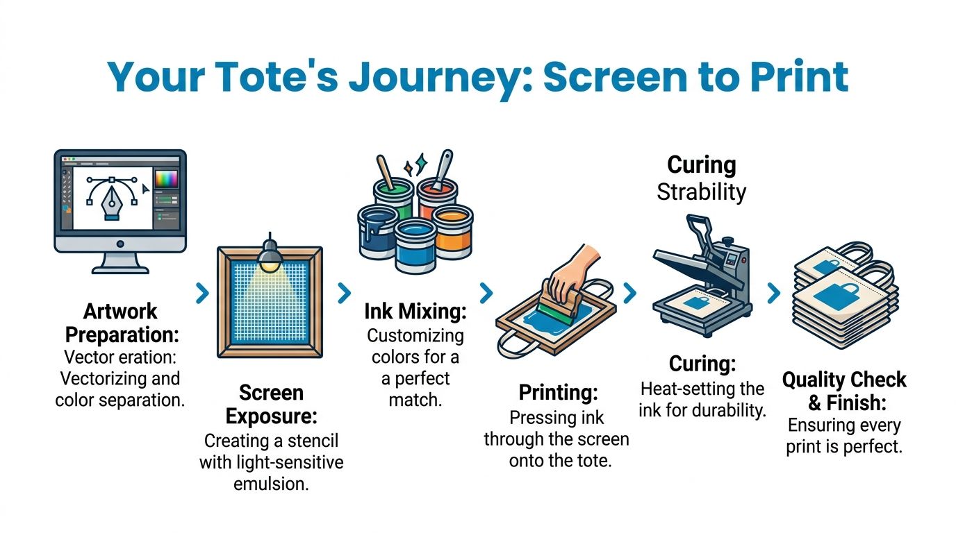 A step-by-step infographic illustrating the professional screen printing process for custom tote bags.