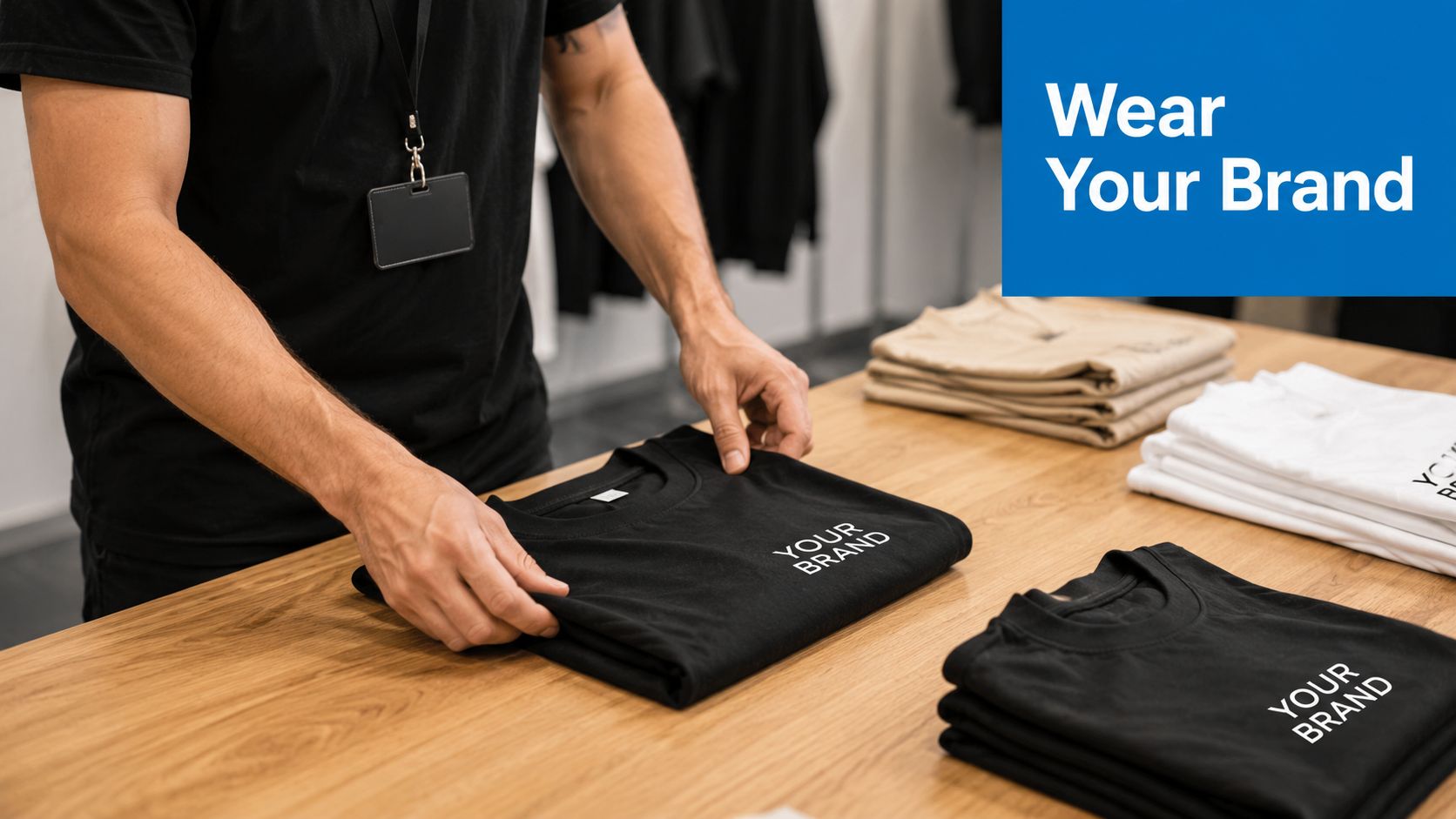 A person folding a black t-shirt printed with the text YOUR BRAND at a wooden display table.