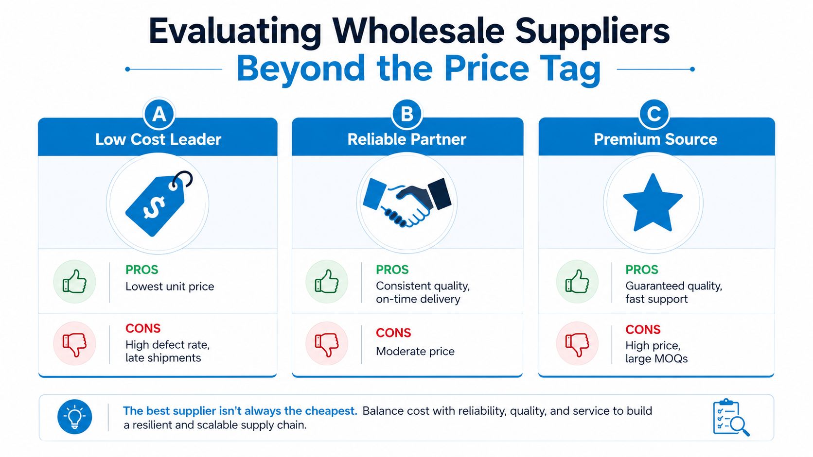 A chart comparing wholesale supplier types including Low Cost Leader, Reliable Partner, and Premium Source.