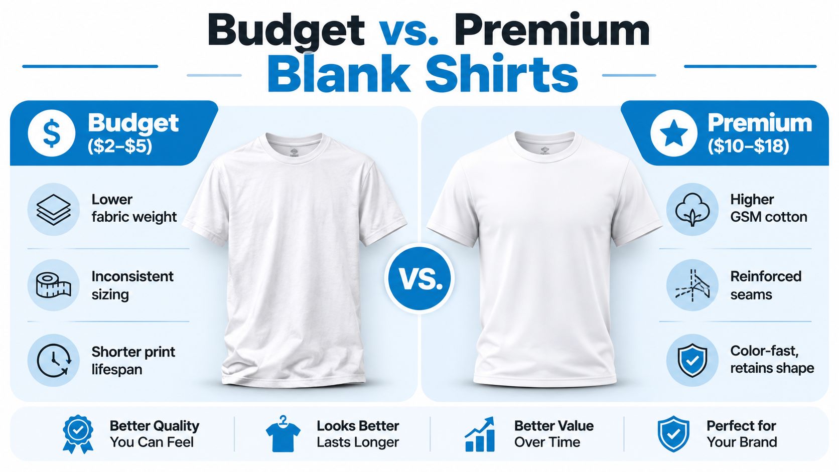 A comparison infographic between budget and premium blank t-shirts, highlighting differences in quality, durability, and cost.