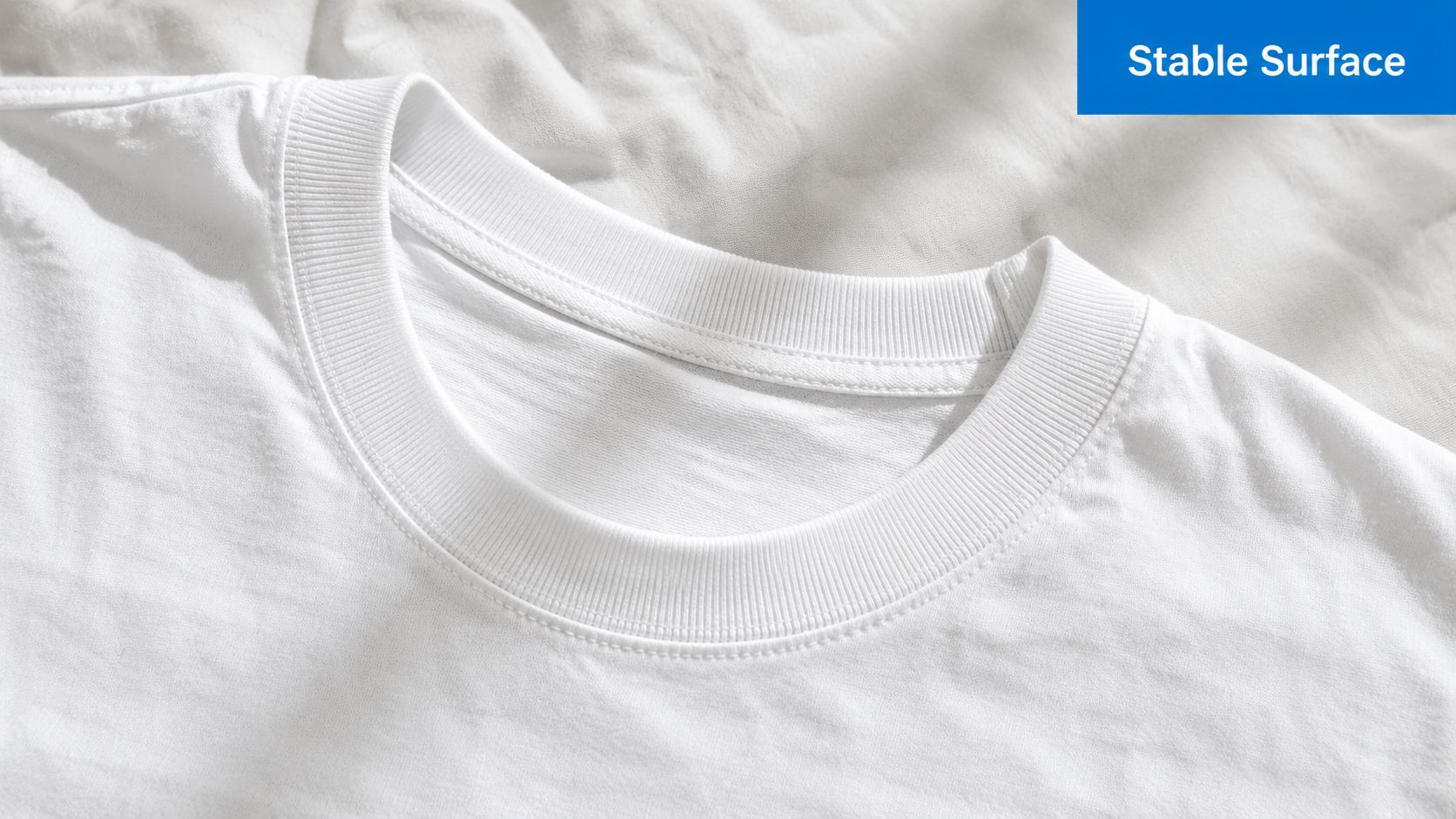 Close up view of a high-quality plain white t-shirt collar on a clean fabric background.
