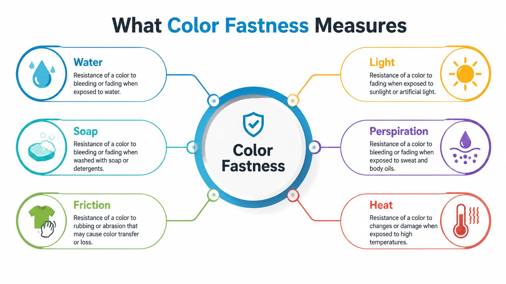 A diagram illustrating the six factors of color fastness testing for textiles, including water, soap, friction, light, perspiration, and heat.