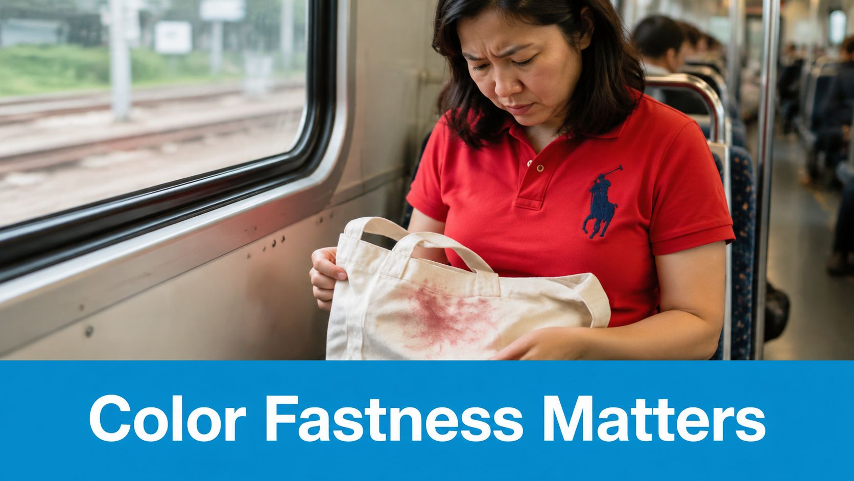 A worried woman on a train examines a red stain on her white canvas tote bag.