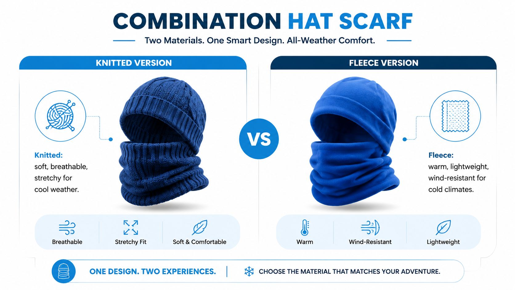 A comparison graphic showing a knitted hat scarf versus a fleece hat scarf for different weather conditions.