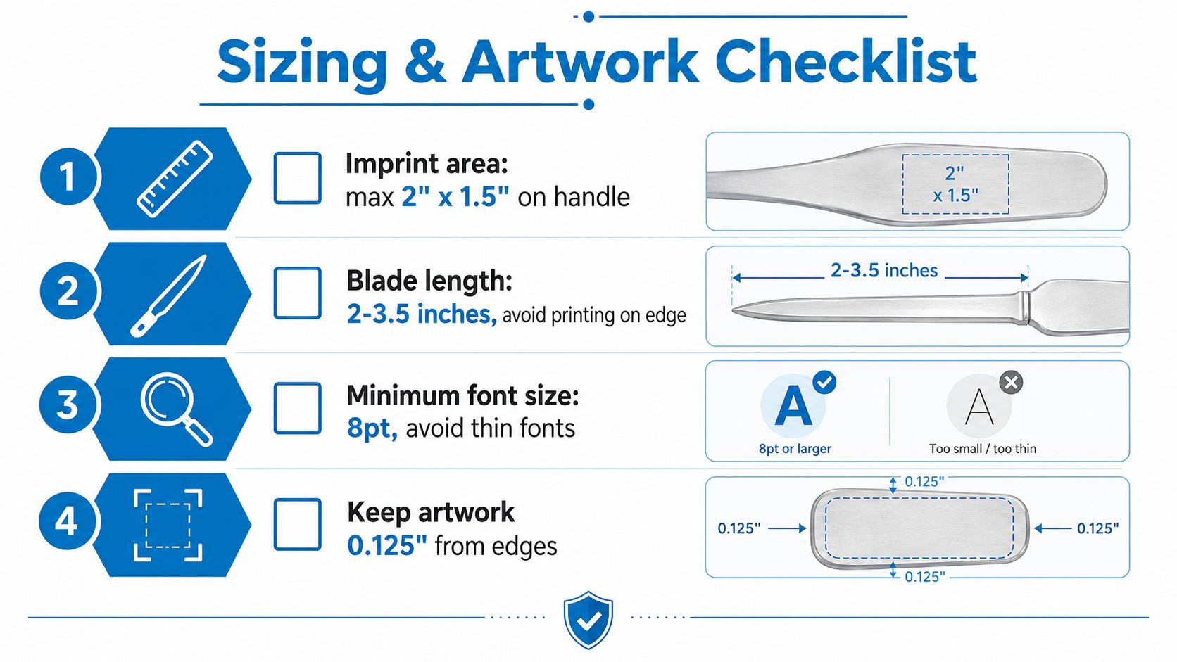 A sizing and artwork checklist guide for printing custom designs onto metal letter openers for promotional products.