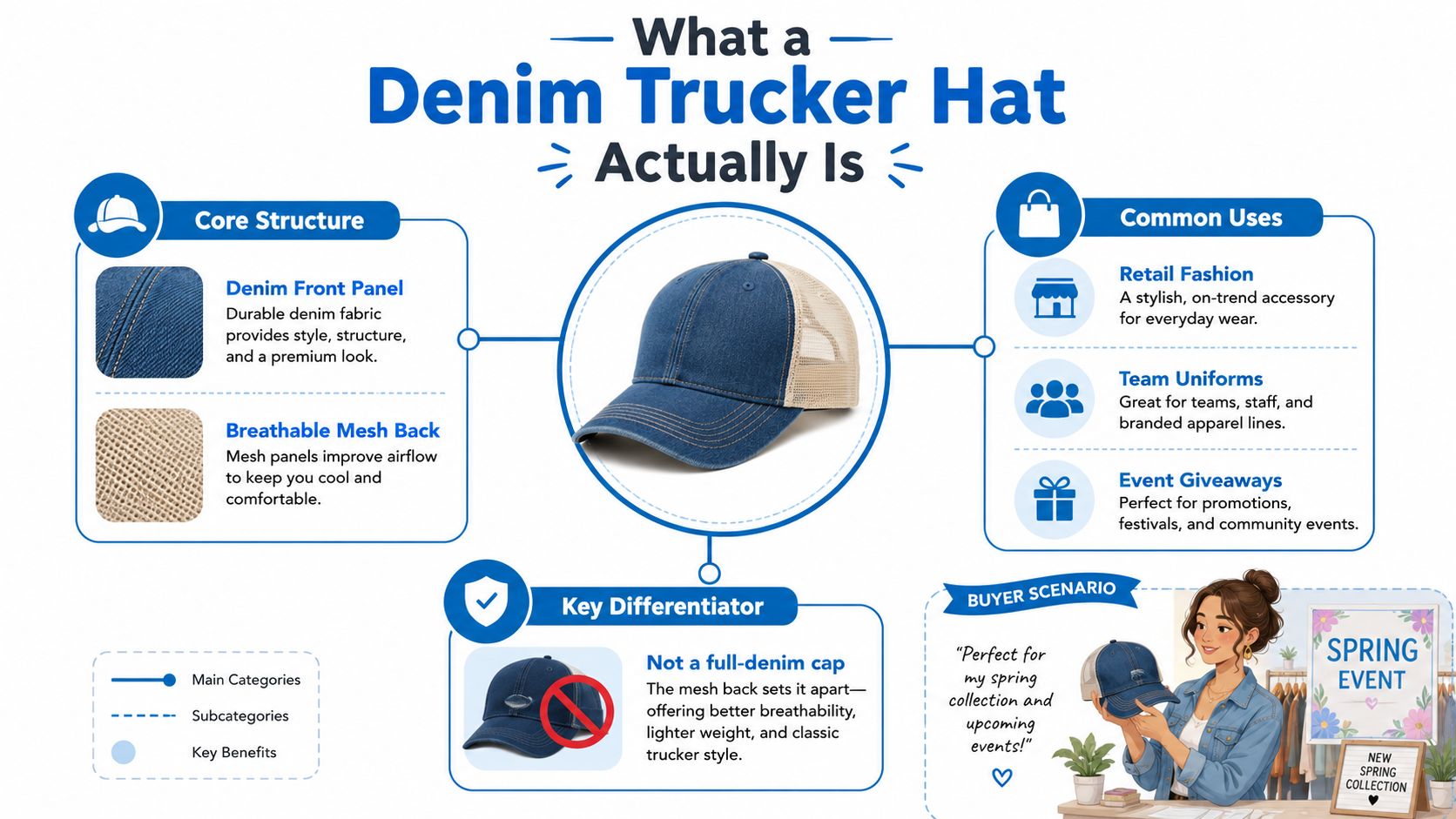 An infographic detailing the features, common uses, and benefits of a stylish denim trucker hat.