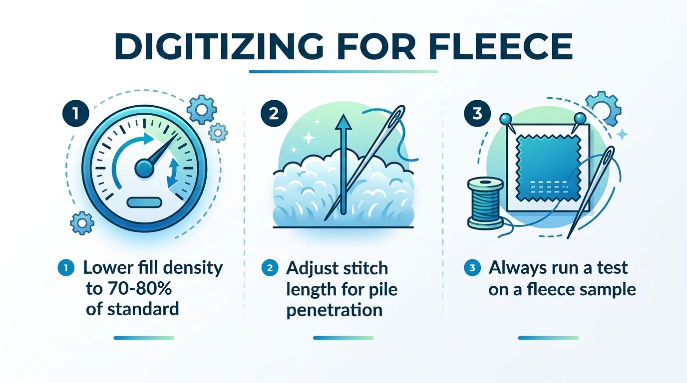 A professional guide illustrating three essential tips for digitizing embroidery designs for fleece fabric surfaces.