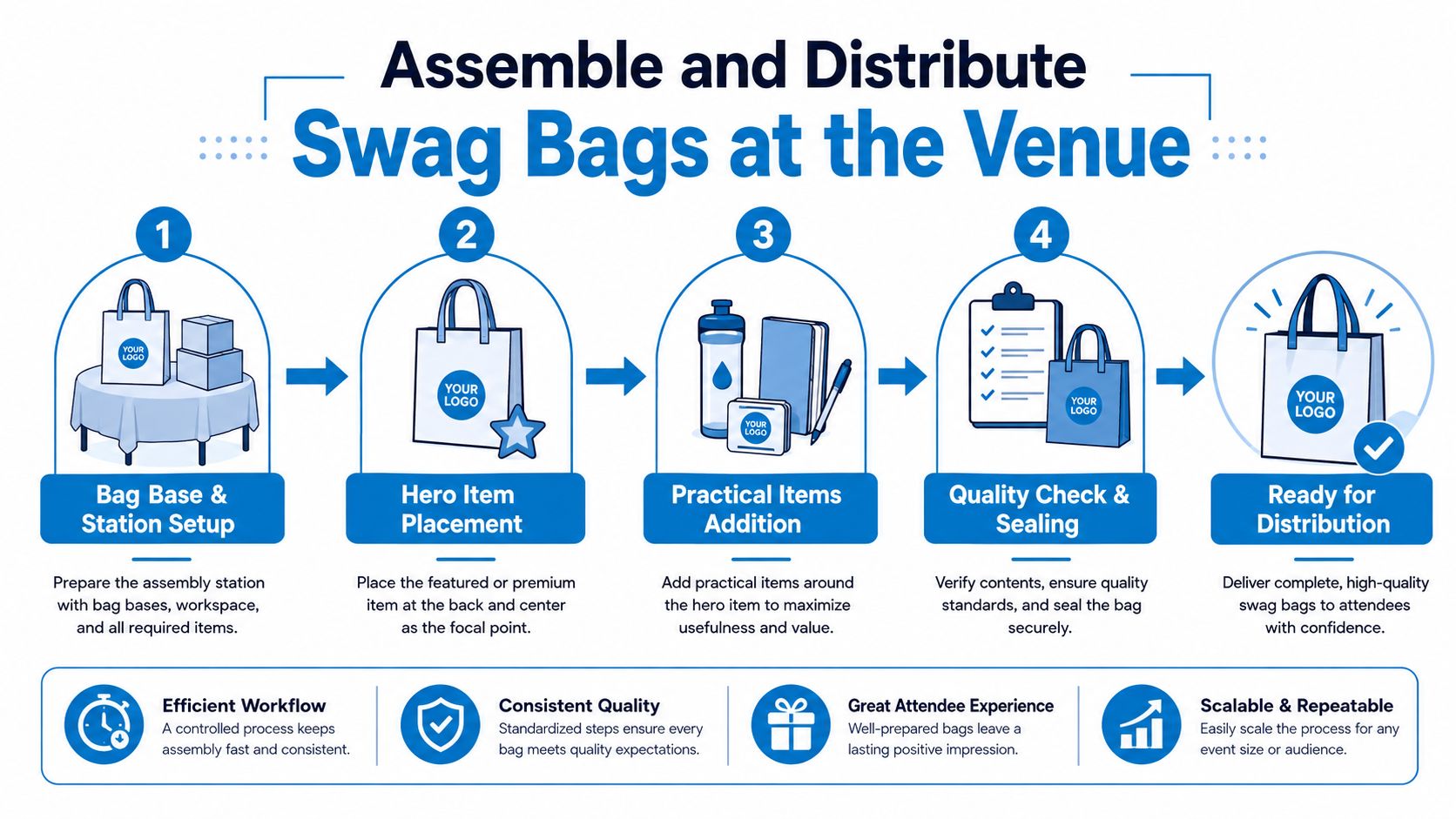 A step-by-step infographic showing the process for assembling and distributing professional event swag bags.