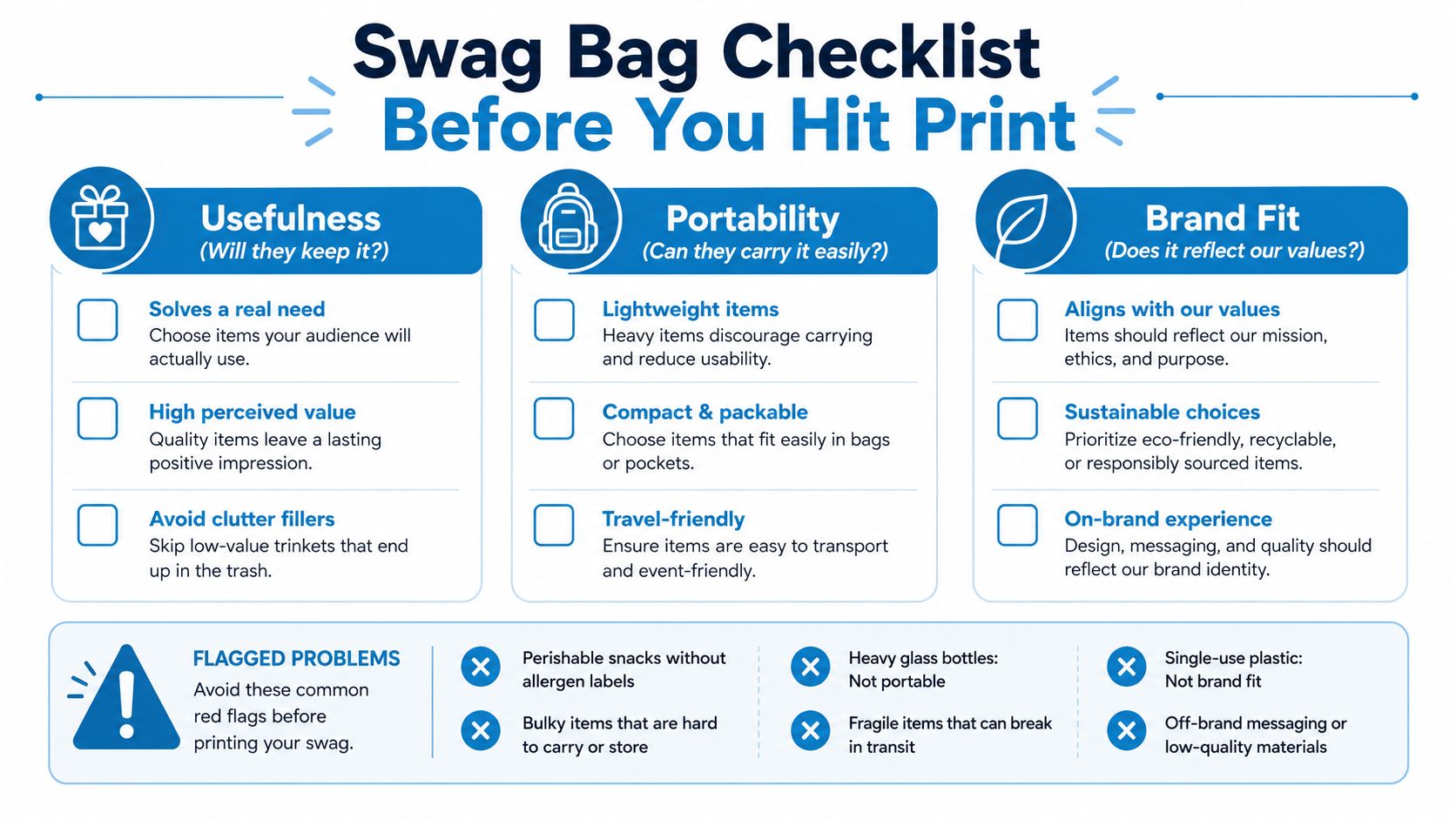 A helpful checklist infographic titled Swag Bag Checklist Before You Hit Print with three categories.