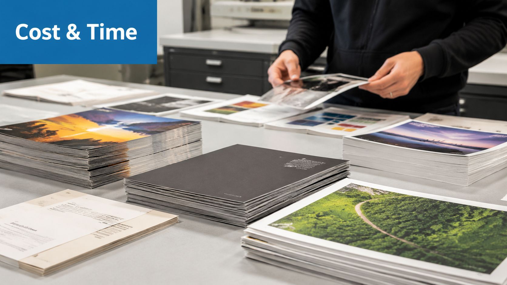 A person organizing various stacks of glossy and matte printed photographic papers on a workspace table.
