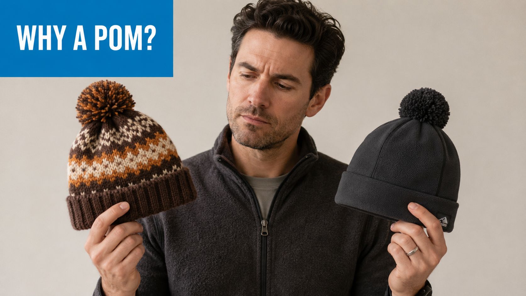 A man looking thoughtfully at two different beanies, one with a pom-pom and one without.