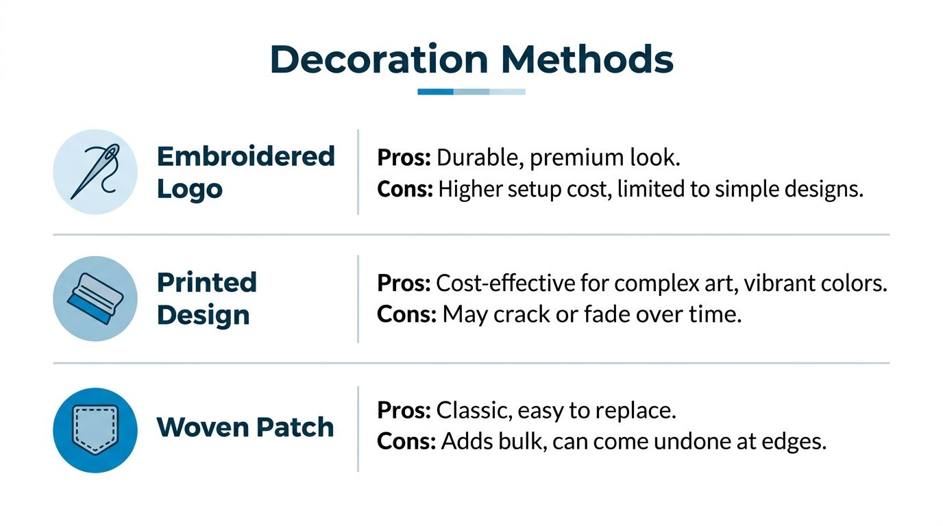 A comparison chart outlining the pros and cons of embroidered logos, printed designs, and woven patch decoration methods.