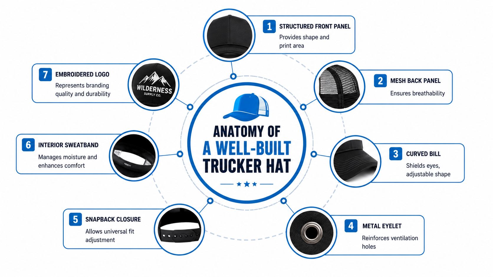 An infographic diagram labeled anatomy of a well-built trucker hat, highlighting seven key component features.