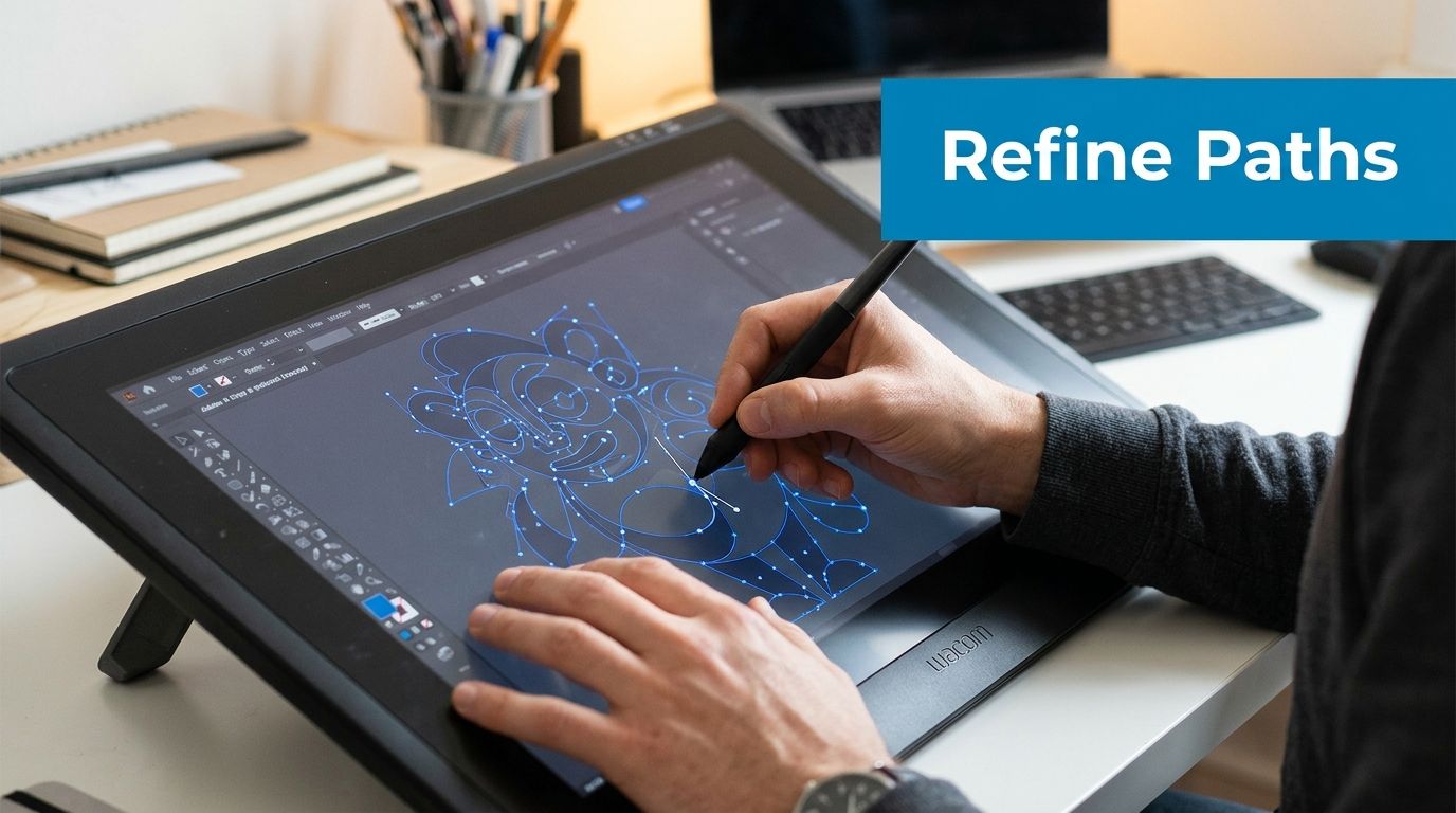 A digital artist uses a stylus on a Wacom drawing tablet to edit vector paths on screen.