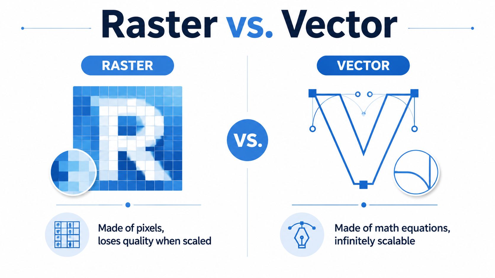 A comparison graphic showing raster images made of pixels versus vector graphics based on mathematical equations.